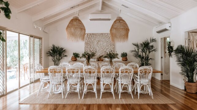 Bright tropical inspired dining room features natural textures and white furniture under a vaulted ceiling