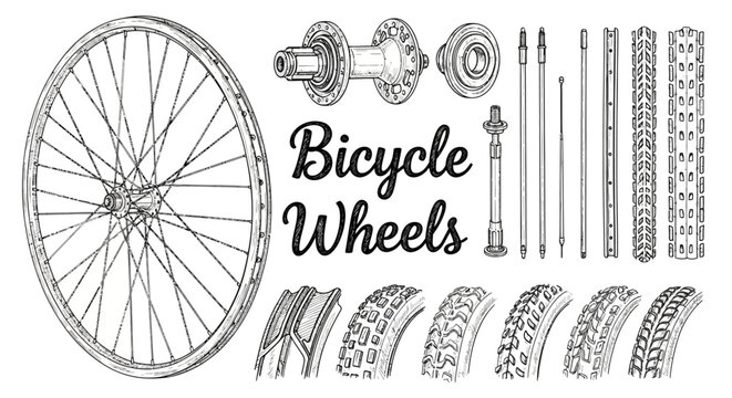 Detailed Illustration of Bicycle Wheel Components and Tire Tread Patterns