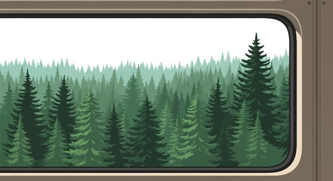 Stylized vector illustration showing the view from a passenger train window overlooking a dense evergreen forest with layered pine and spruce trees under a bright white sky.