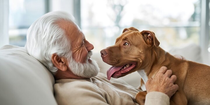 Elderly man with white beard lovingly looking at his happy pitbull dog