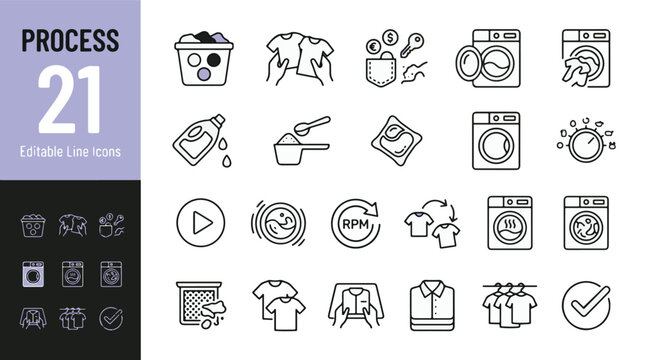Laundry Process Line Editable Icons set. Vector illustration in a modern thin line style of garment care icons: machine washing, detergent, sorting, drying, and folding. Isolated on background.