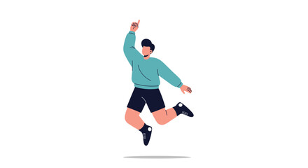 Obraz premium Energetic young man jumping high in the air with his arm raised representing great joy, personal success, and celebration.