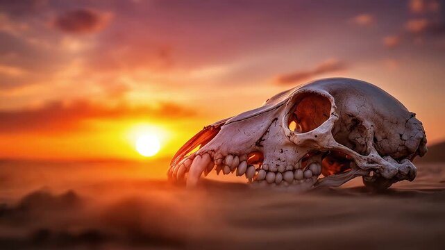 Animal skull in the desert at sunset, embodying a sense of desolation and nature's cycle.