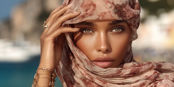 Elegant woman with headscarf and jewelry gazes intensely, embodying timeless beauty and sophistication