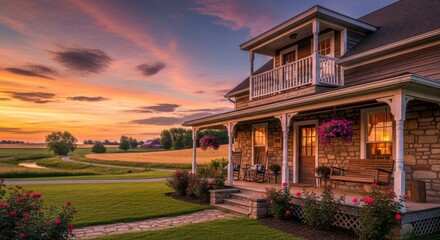 Obraz premium Charming Farmhouse with Wrap-Around Porch at Golden Sunset in Idyllic Rural Landscape