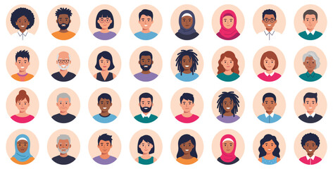 Fototapeta premium Diverse people avatars collection with smiling multicultural characters | Flat vector illustration pack for profiles and social media user icons