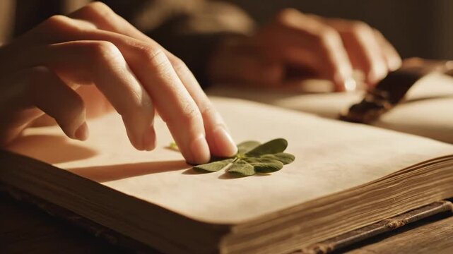 Person placing a four-leaf clover on an old book.