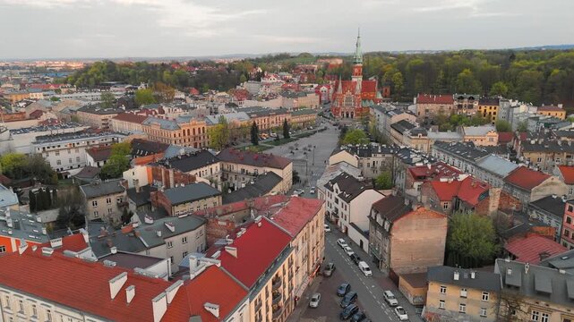 Aerial flyover of Krakow in the evening at sunset in spring