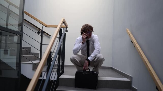 Tired freelancer sits on the stairway with a briefcase and talks on the phone showing emotional burnout work overload mental fatigue and pressure after a long day