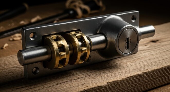 Heavy Metal Deadbolt Lock Mechanism with Brass Tumblers on Wooden Surface