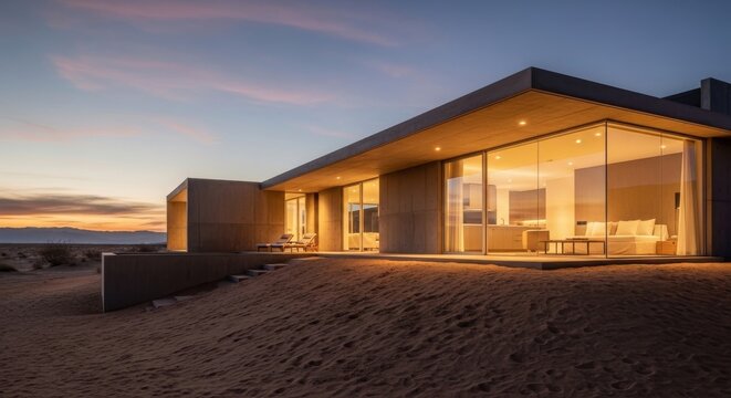 Modern desert residence with warm low lighting showcasing sleek architecture and expansive glass windows at dusk