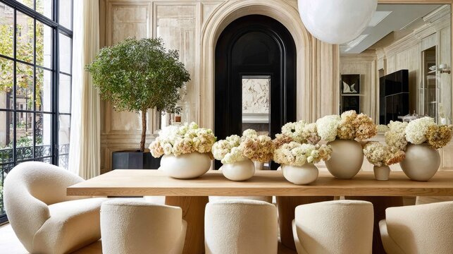 Elegant dining area showcases a substantial wooden table adorned with multiple white ceramic vases holding cream and beige floral arrangements