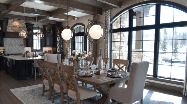 Upscale dining area connects to a modern kitchen space with large windows showcasing a snowy outdoor scene