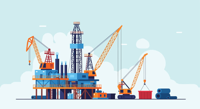 Industrial oil rig platform with multiple cranes and storage pipes for energy production in flat vector illustration.