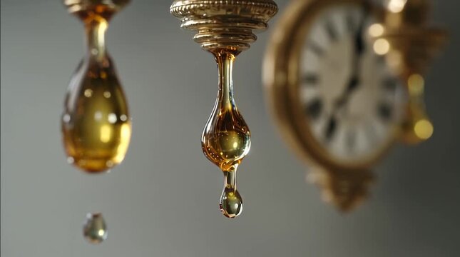 Everyday objects slowly dripping a clock-like liquid, subtle surreal metaphor of time passing, cinematic, high-detail, dreamlike, and visually striking conceptual still life.