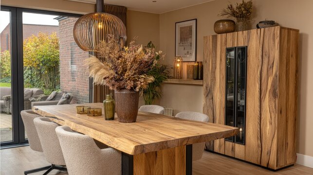 Rustic wooden dining table and matching storage unit create a warm and inviting interior space
