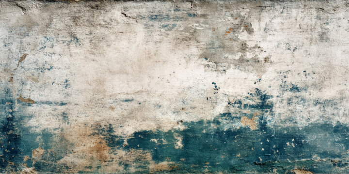 A textured grunge blue paint surface with an aged vintage pattern on a rough concrete wall backdrop featuring ancient rusty metal design elements and antique paper textures