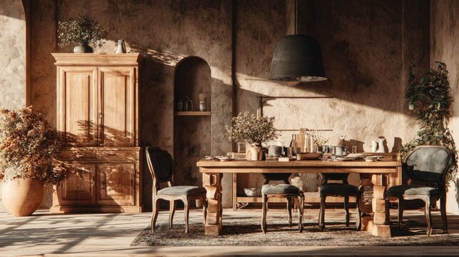Warm natural light illuminates a rustic dining area featuring wooden furniture and textured walls.