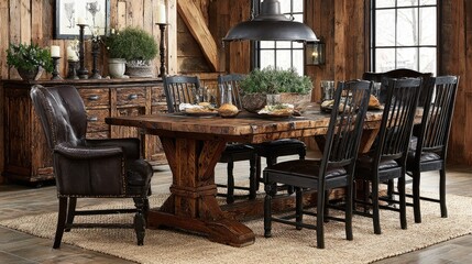 Fototapeta premium Rustic dining room features heavily textured wood furniture set under industrial lighting