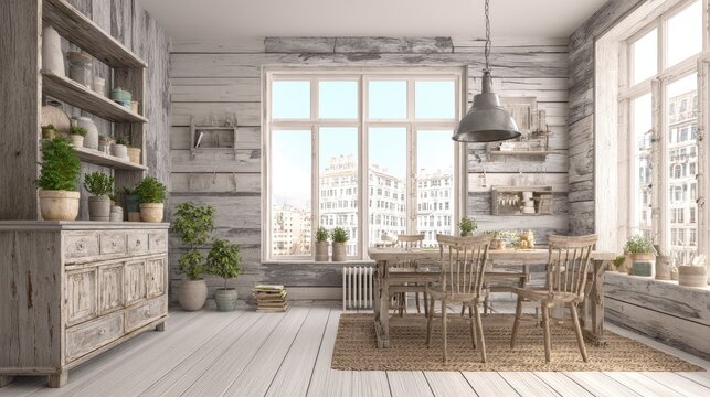 Rustic farmhouse dining area features distressed wooden furniture and abundant natural light