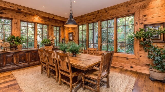 Rustic dining area showcases extensive natural wood paneling and views of lush outdoor greenery through multiple windows