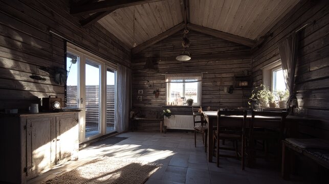 Interior view of a rustic wooden cabin illuminated by bright natural light streaming through large doors and windows.