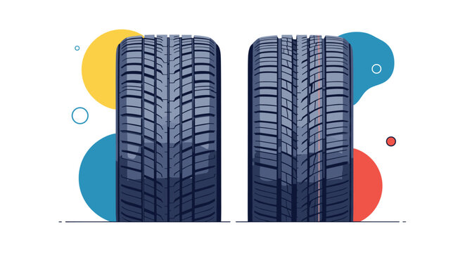 Pair of automotive car tires showing tread patterns against abstract colorful background in flat vector style.