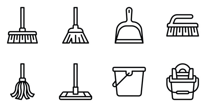 Set of cleaning supplies including brooms, mops, dustpan, bucket for household chores icon pack.