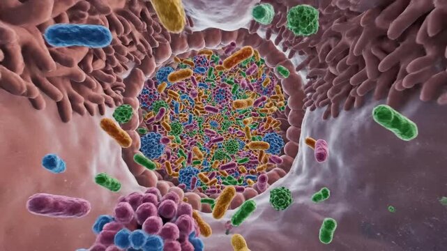 Microscopic view of diverse bacteria and microbes in human gut, medical science concept.