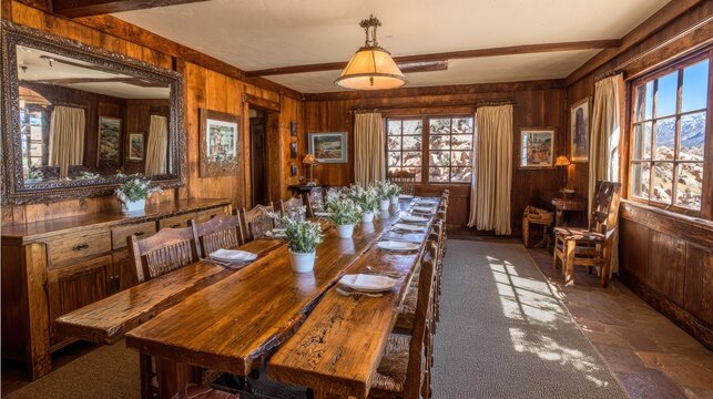 Rustic wooden dining hall features long natural edge table set beneath warm overhead lighting