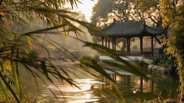 lakeside pavilion surrounded by lush greenery and framed by bamboo leaves creates a peaceful.