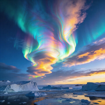 Surreal Arctic Landscape with Iridescent Polar Stratospheric Clouds and Aurora Borealis Over Glaciers and Frozen Ocean