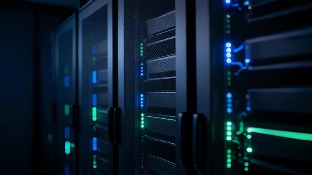 Tracking Shot Along Server Racks in a Dark Data Center with Blinking Blue and Green Lights