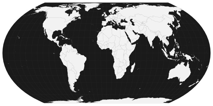 High-contrast world map vector in Equal Earth projection with dark background and light land masses. Clean country borders and grid. Editable vector with layers named by country (English).