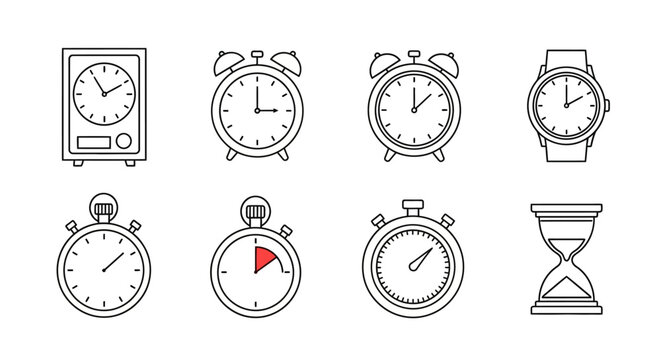 Collection of Diverse Timekeeping Devices: Clocks, Watches, Stopwatches, Hourglass