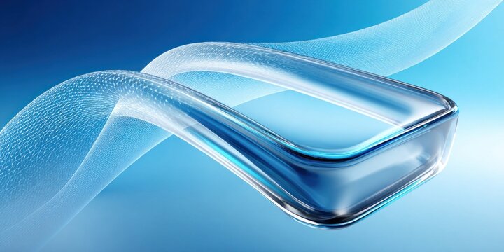 Abstract transparent glass form with flowing blue digital waves and light effects