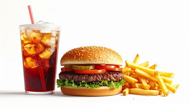 Fast food combo with burger, fries and soda drink isolated on white background