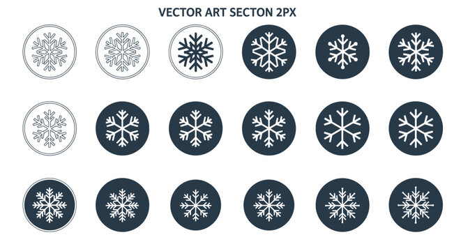 Collection of snowflake icons, winter symbols, frost patterns, and ice crystals in circular frames.