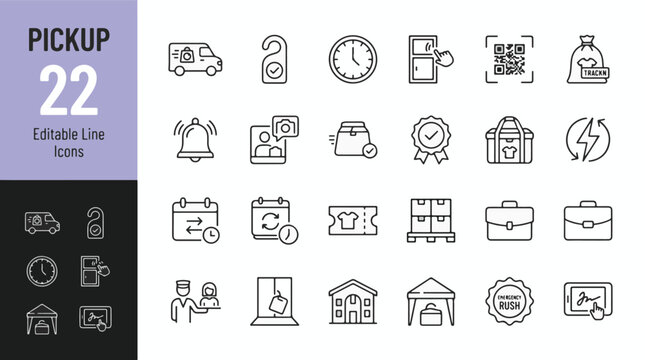 Pickup Line Editable Icons set. Vector illustration in a modern thin line style of delivery, logistics and retail related icons: van, QR code, schedule, parcel, and more. Isolated on background.
