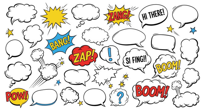 Collection of Comic Book Speech Bubbles and Sound Effects in Pop Art Style, Bright Background