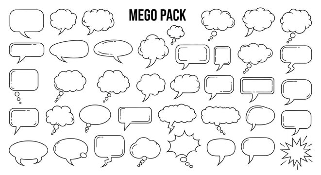 Hand-drawn speech bubbles collection, comic style, blank message boxes, dialogue clouds