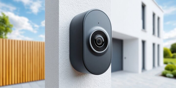 Modern smart doorbell with camera mounted on a white textured wall outside a house