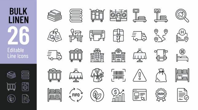 Bulk Linen and Industrial Laundry Line Editable Icons set. Vector illustration in a modern thin line style of textile care icons: washing, folding, hospital linen, hotel service, logistics. Isolated.