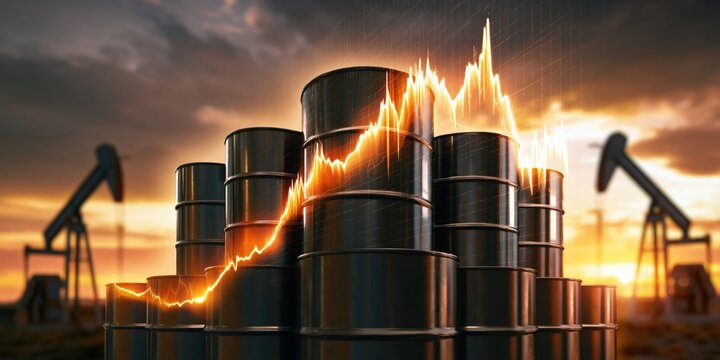 Oil barrels stacked with pumpjacks and rising stock market graph at sunset