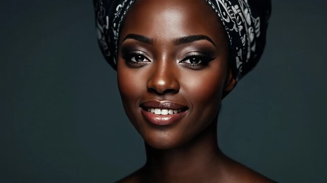 Portrait of a beautiful woman with dark skin wearing a headscarf and makeup.