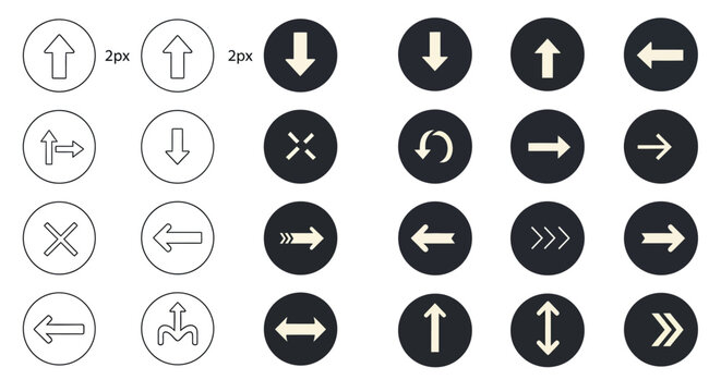 Set of arrow icons in outline and solid dark circle, graphic design elements