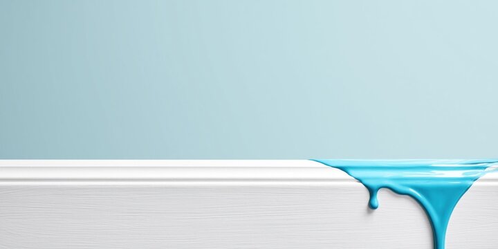 Bright blue paint drips down a white baseboard against a pale blue wall