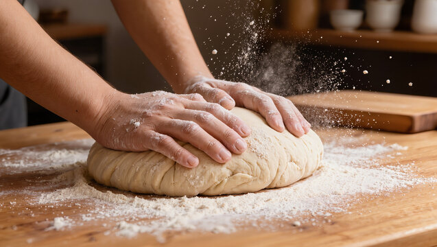 Hands kneading dough on floured board, homemade bread baking process and artisan bakery preparation for rustic food and cooking concept