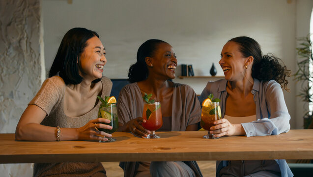Diverse women friends drinking cocktails, happy social gathering at bar or cafe for friendship, celebration, and lifestyle marketing concept