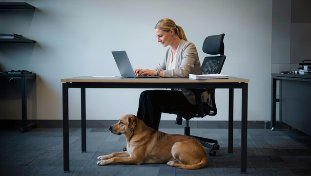 Woman working at desk with dog under table, remote work home office lifestyle and pet friendly workspace for productivity concept